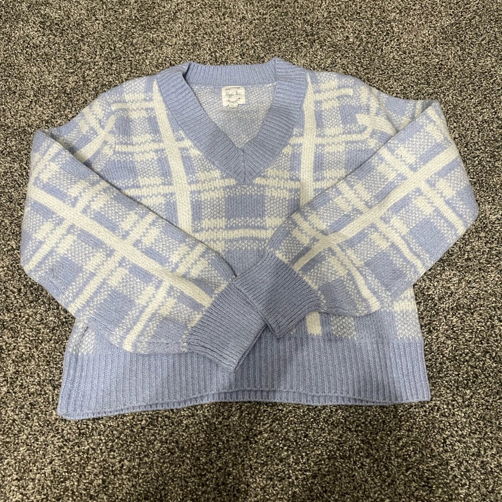 Hippie Rose purple and white plaid pullover v neck long sleeve sweater L